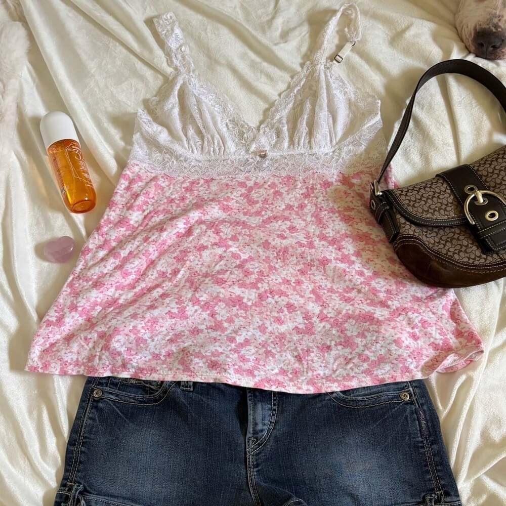 Pink Floral Lace Babydoll Camisole Tank Top